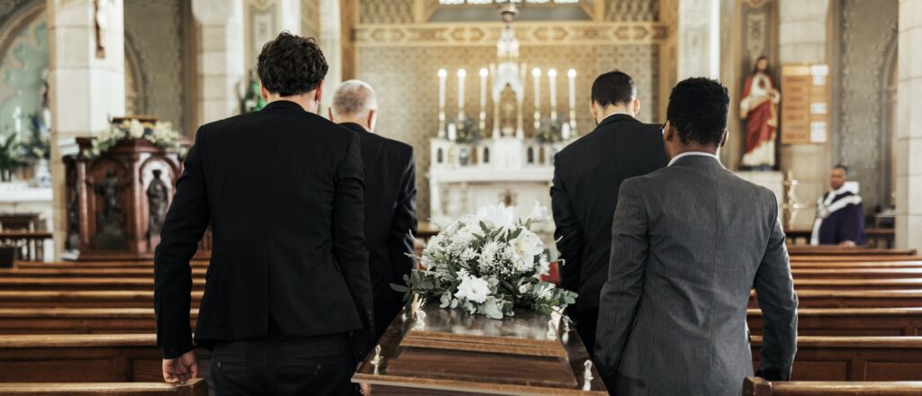 Funeral, church and group carry coffin in service, death or sermon for burial with support. Friends
